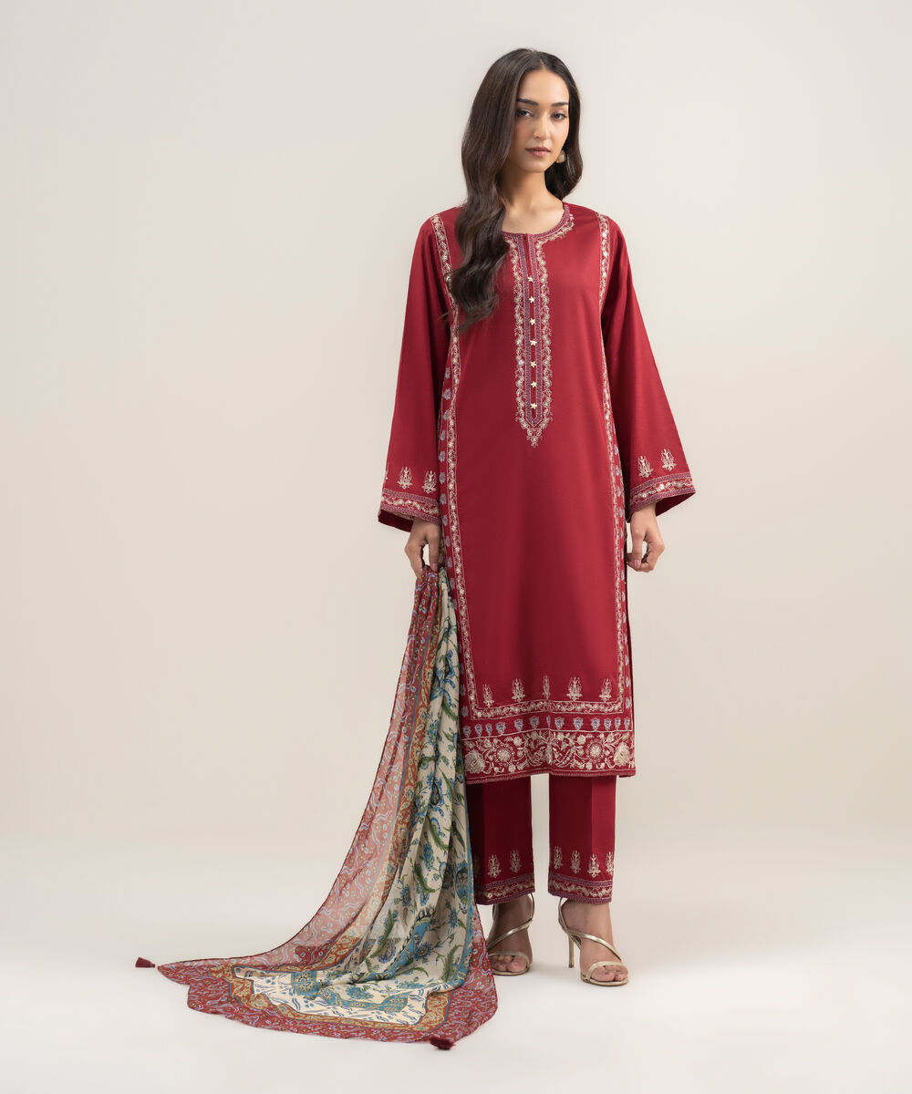 Women's RTW Dobby Embroidered Maroon 3 Piece Suit