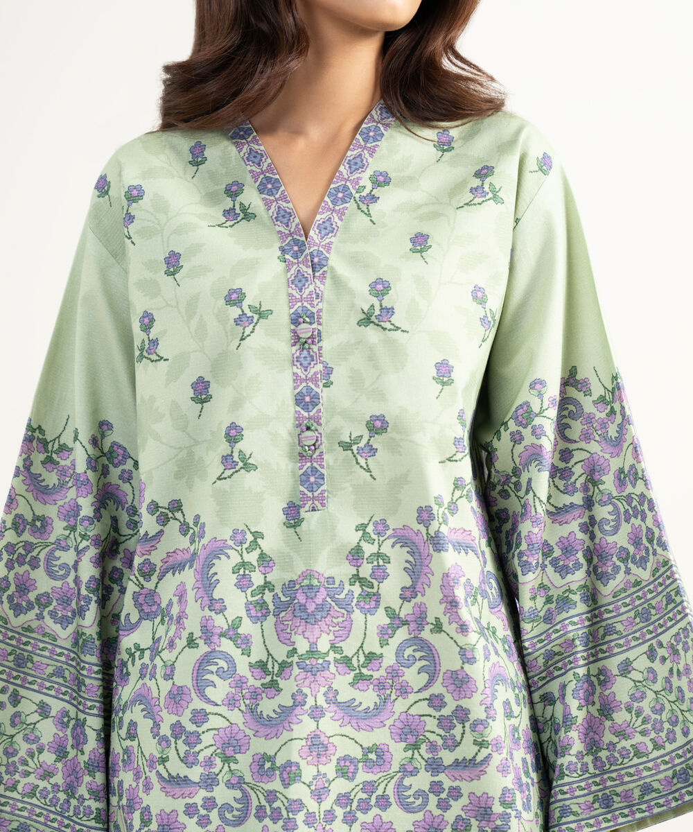 Women's Unstitched Zari Lawn Printed Green 3 Piece Suit