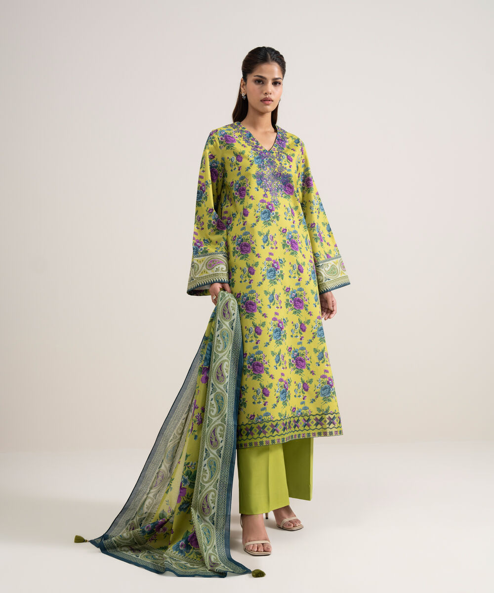 Women's Unstitched Lawn Embroidered Parrot Green 3 Piece Suit