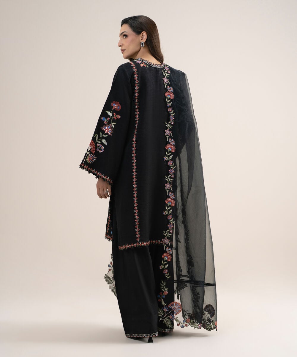 Women's Unstitched Embroidered Viscose Raw Silk Black 3 Piece Suit