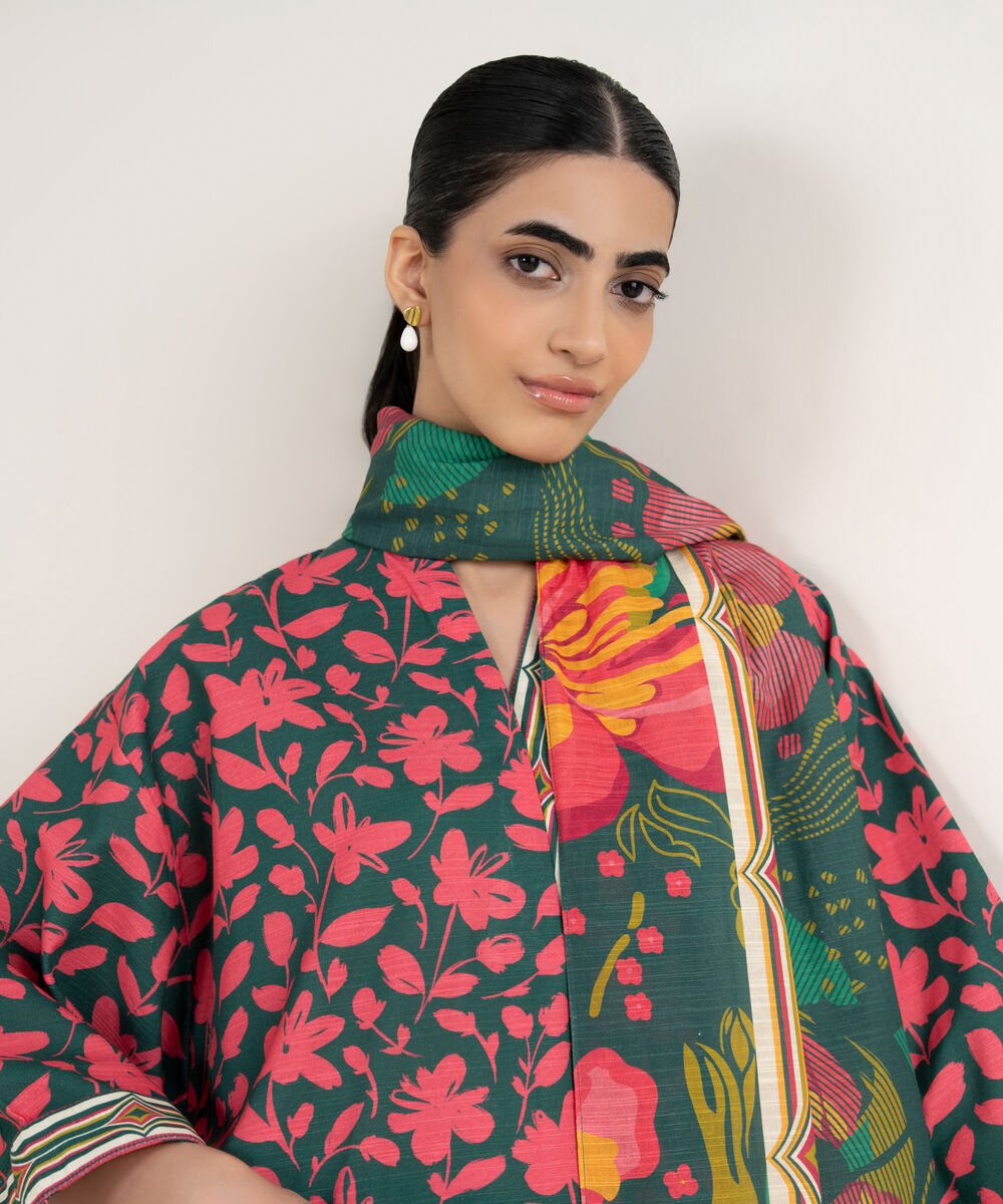 Women's Unstitched Printed Khaddar Forest Green and Bright Maron 3 Piece Suit