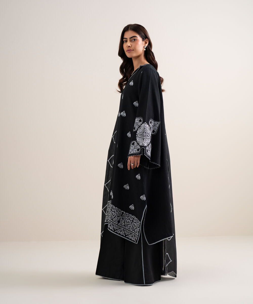 Women's Unstitched Dobby Embroidered Black 3 Piece Suit