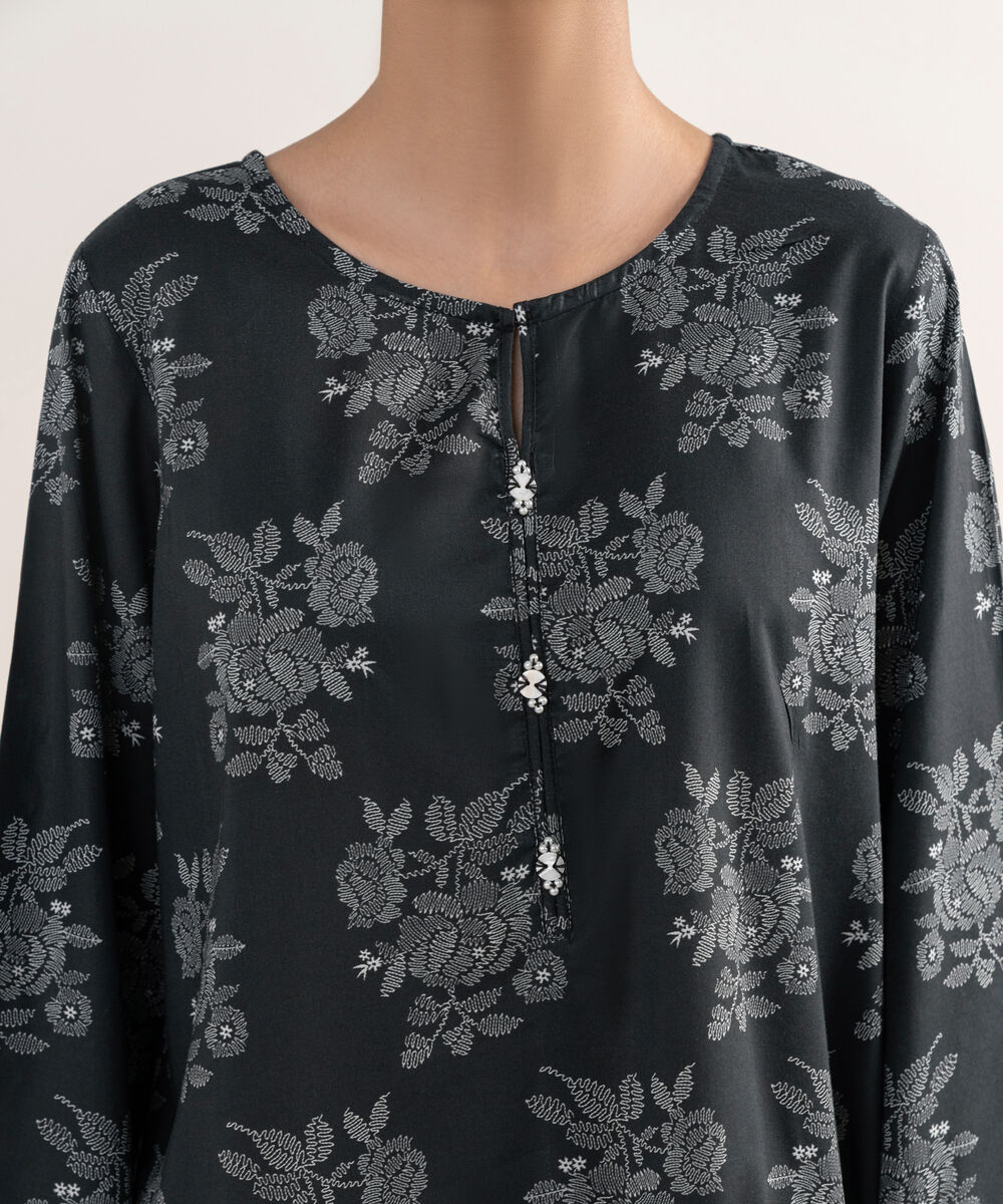 Women's RTW Lawn Viscose Black Printed A-Line Shirt