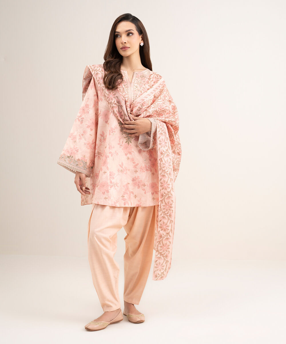 Women's Unstitched Raw Silk Embroidered Pink 3 Piece Suit