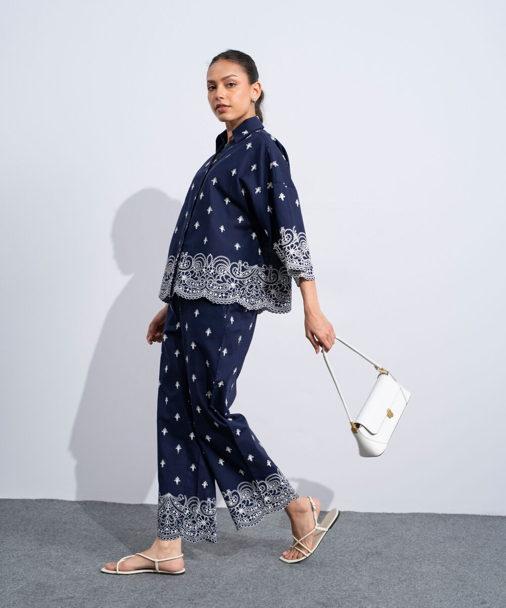 Women's Western Navy Embroidered Straight-Fit Trousers