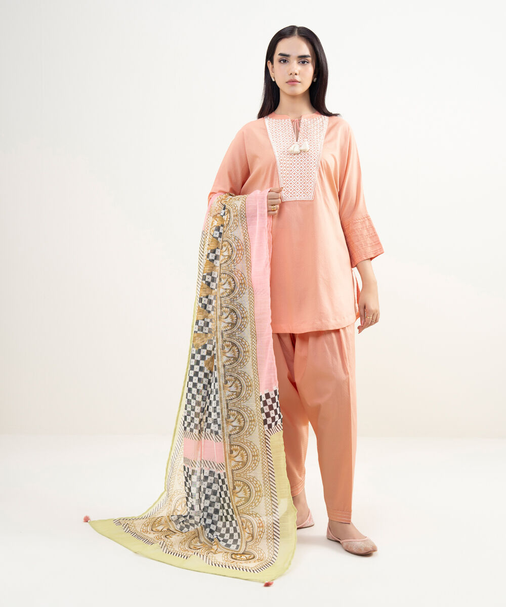 Women's RTW Dobby Embroidered Pink Drop Shoulder Shirt