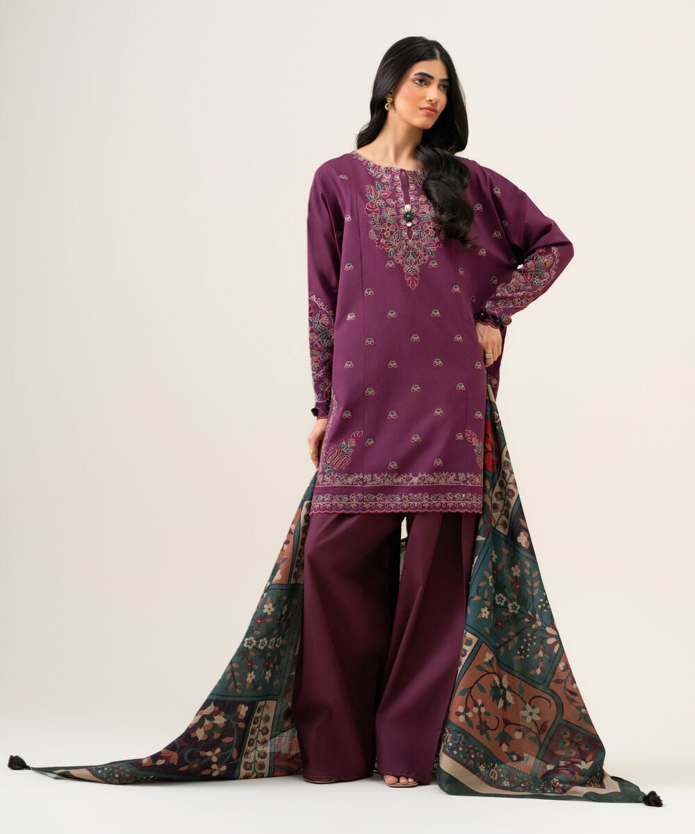Women's Unstitched Textured Cotton Embroidered Purple 3 Piece Suit