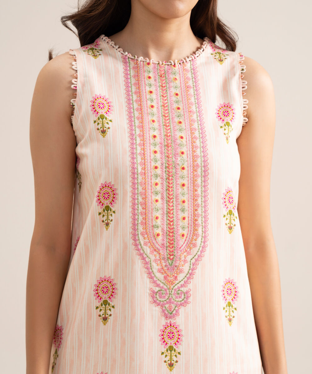 Women's Unstitched Arabic Lawn Embroidered Light Peach & White  3 Piece Suit