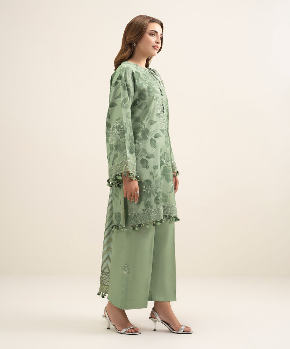Women's Unstitched Textured Cotton Viscose Green Embroidered 3 Piece Suit