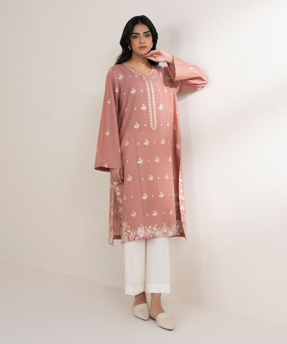 Women's RTW Zari Lawn Embroidered Pink Straight Shirt