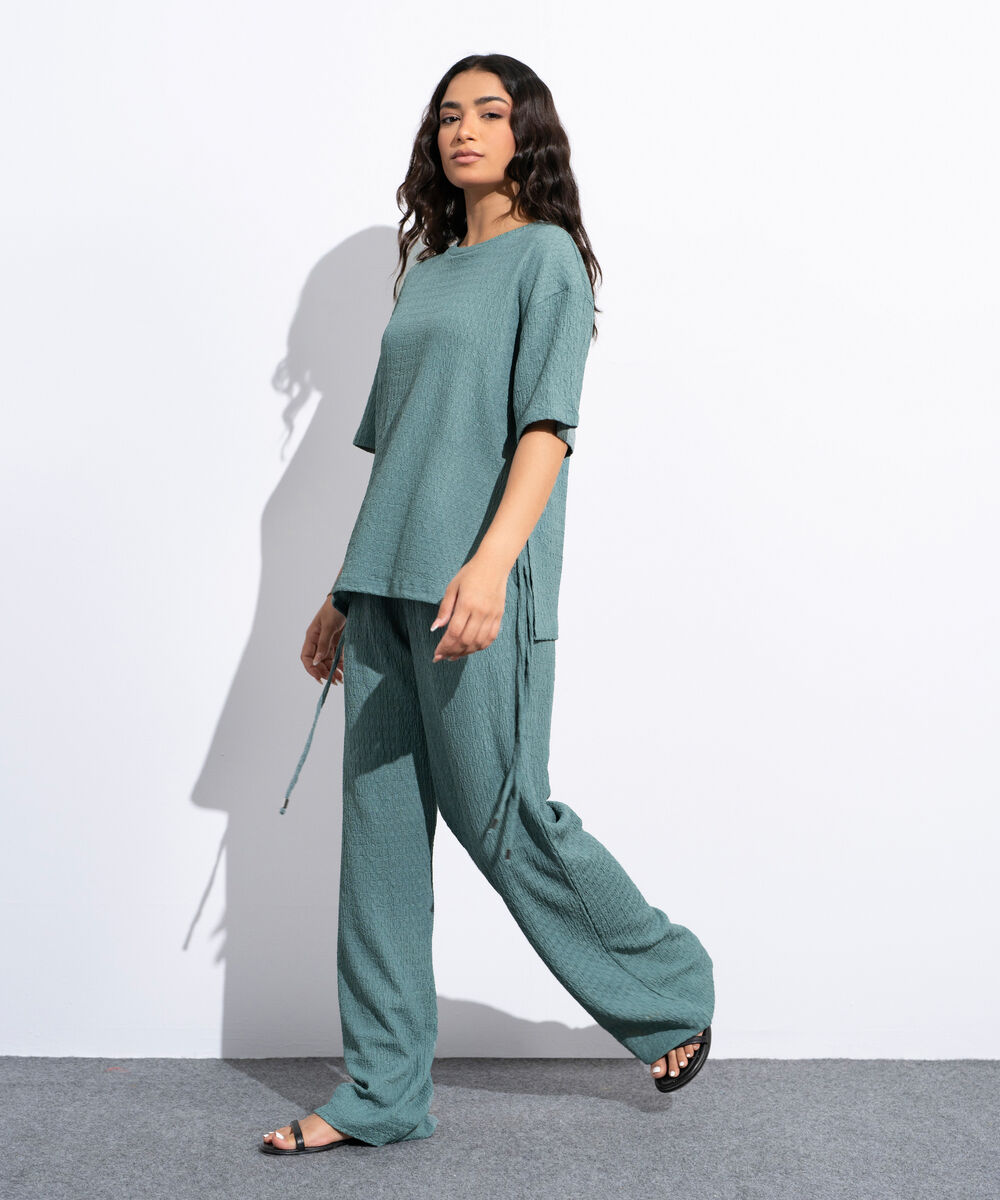 Women's Teal Green Loose Fit Textured T-Shirt