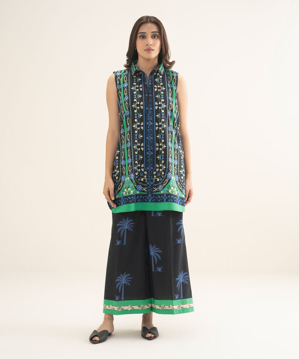 Women's RTW Cotton Viscose Printed Black Straight Shirt