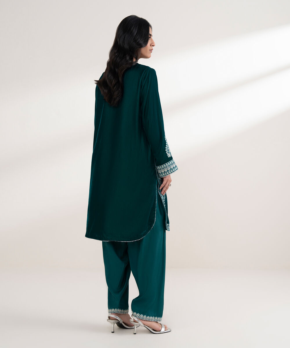 Women's RTW Velvet Embroidered Navy Blue Straight 2 Piece Suit