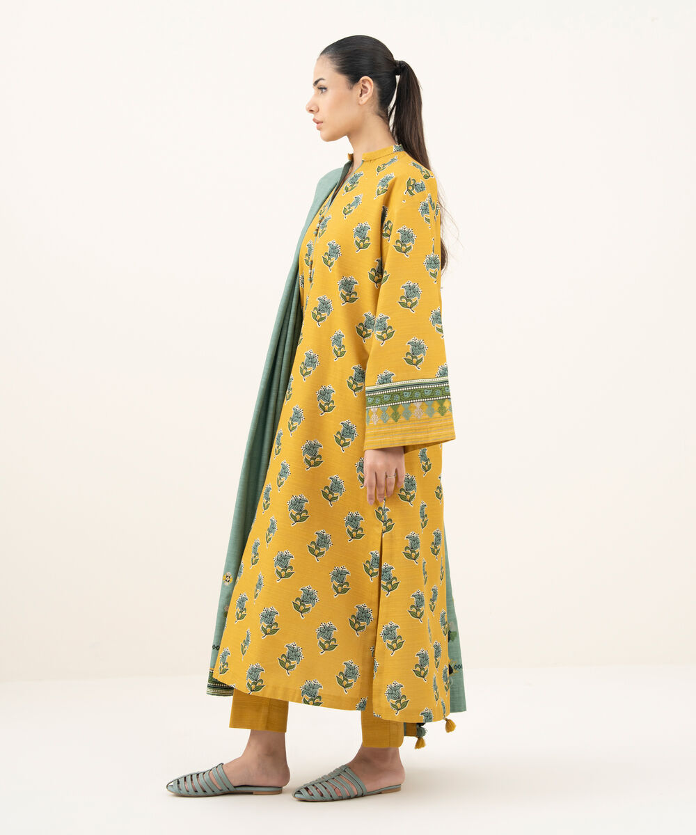 Women's Unstitched Printed Khaddar Mustard 3 Piece Suit