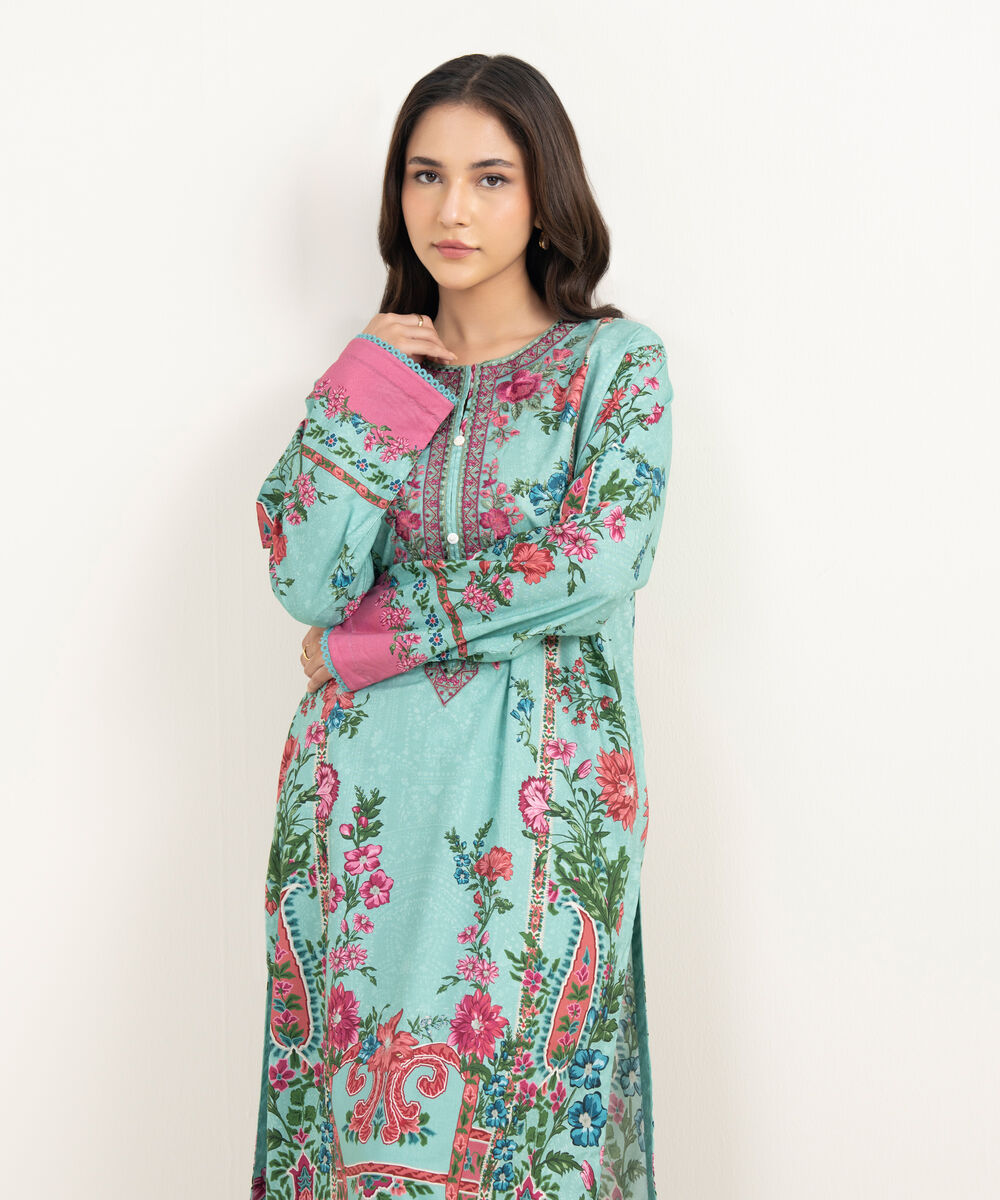 Women's RTW Cotton Viscose Embroidered Blue Straight Shirt