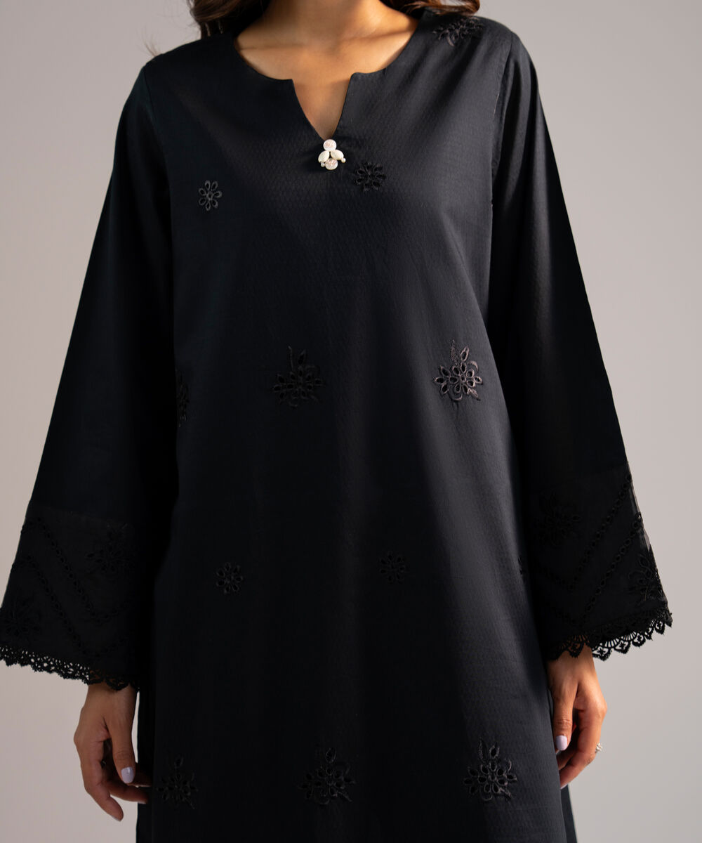 Women's RTW Dobby Embroidered Black 2 Piece Suit