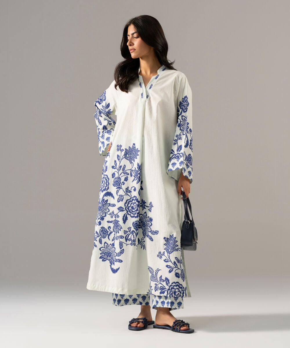 Women's RTW Seersucker Printed Pale White Straight Shirt
