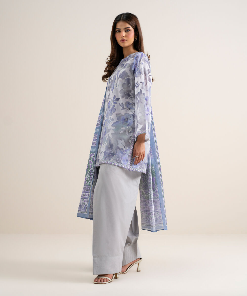 Women's Unstitched Lawn Embroidered Tea Pink and Off White 3 Piece Suit