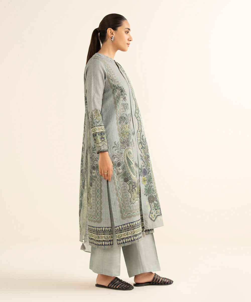 Women's Unstitched Khaddar Printed Grey 3 Piece Suit