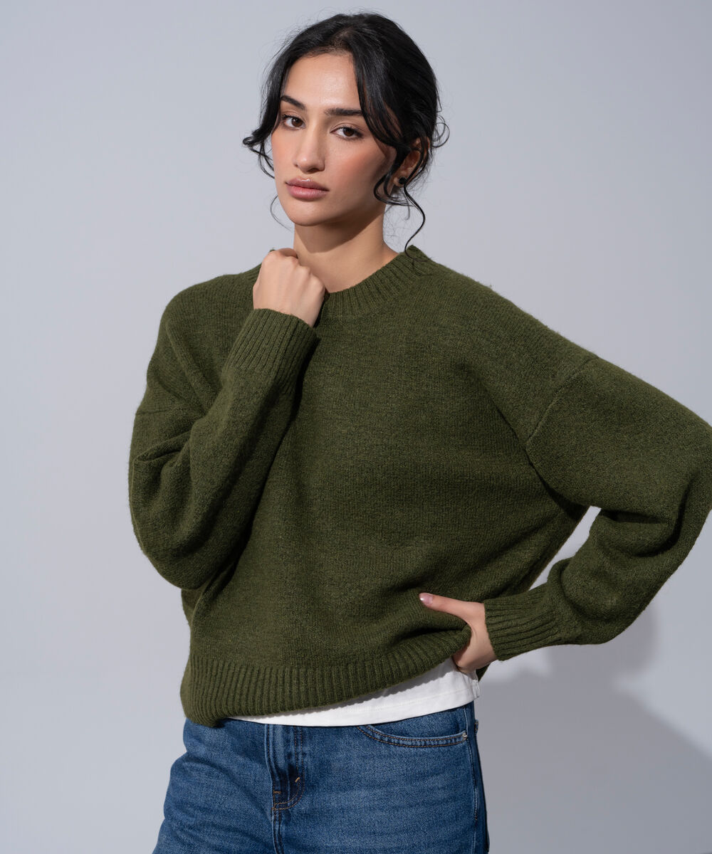 Women's Western Wear Green Round Neck Knit Sweater