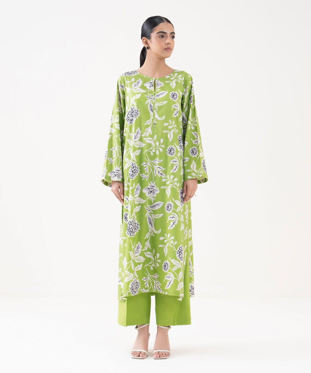 Women's RTW Viscose Lawn Green Printed A-Line Shirt
