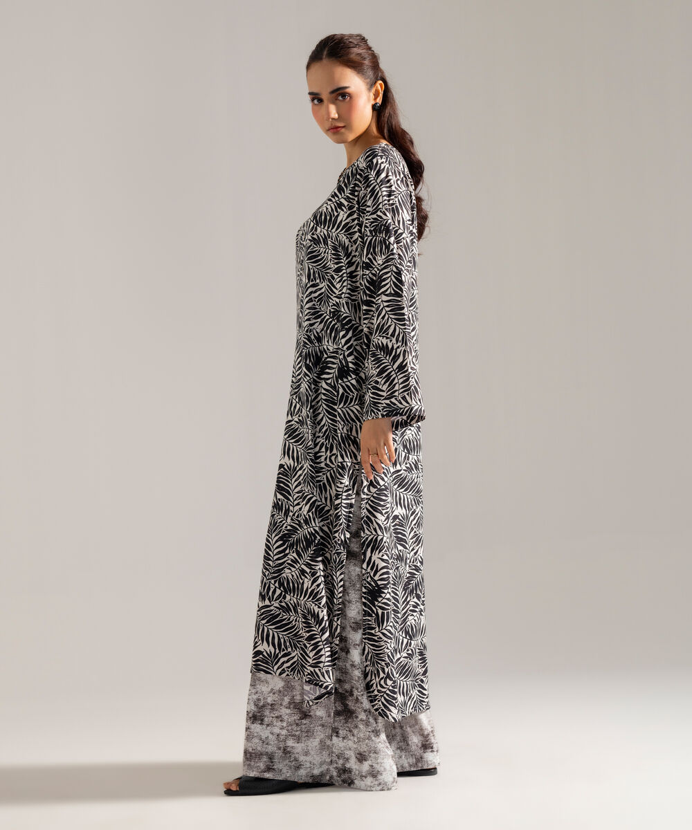 Women's RTW Printed Black Viscose Linen 2 Piece Suit