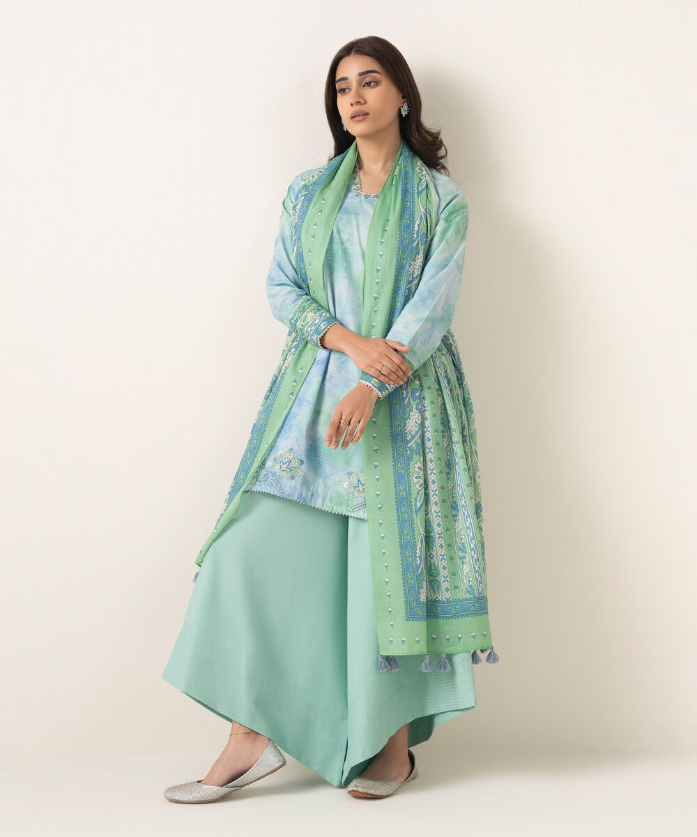 Women's Unstitched Textured Lawn Embroidered Blue 3 Piece Suit