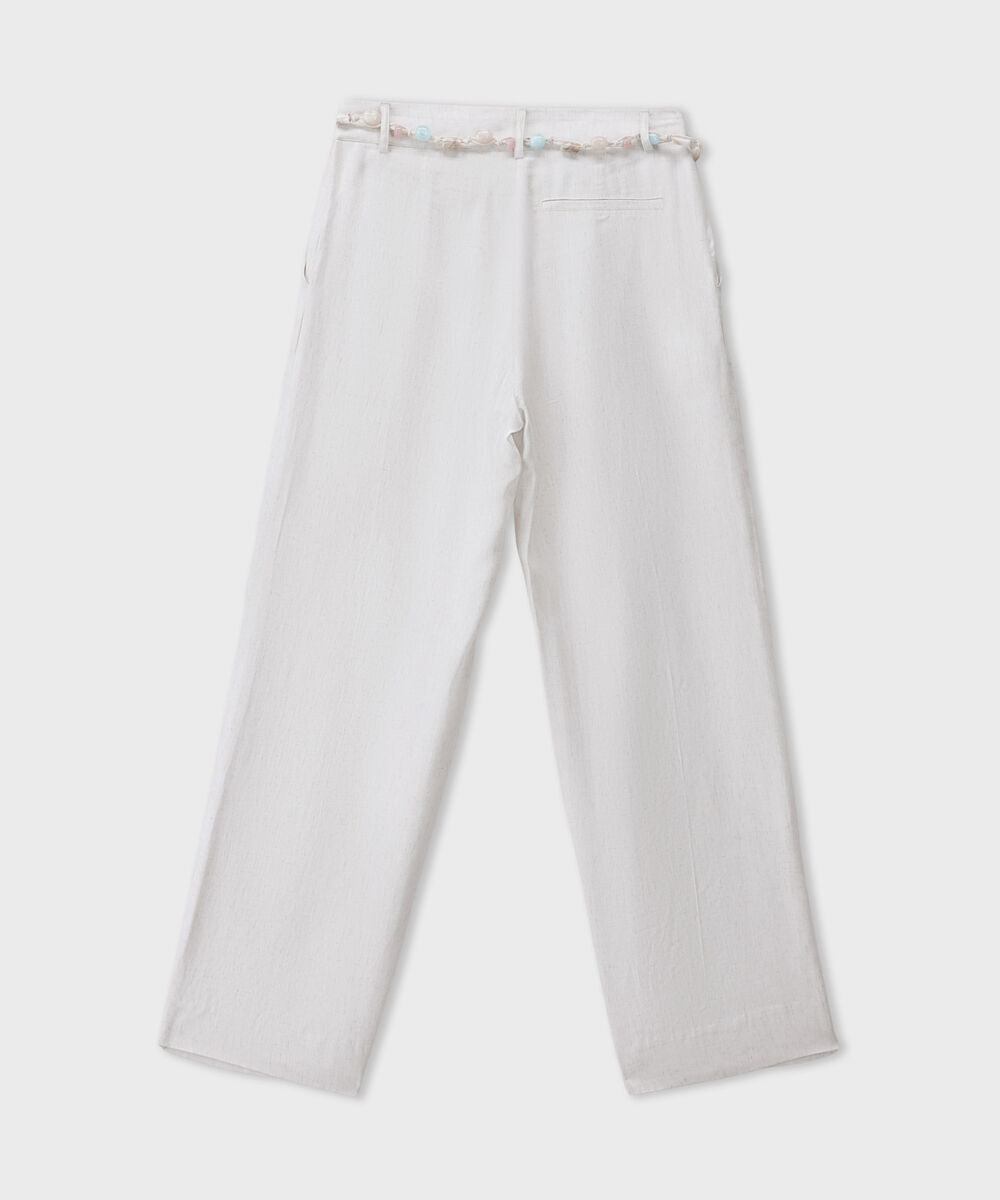 Women's Western Off-white Straight Fit Trousers With Crochet Belt