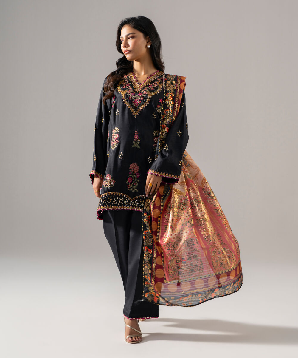 Women's RTW Bright Raw Silk Embroidered Black 3 Piece Suit