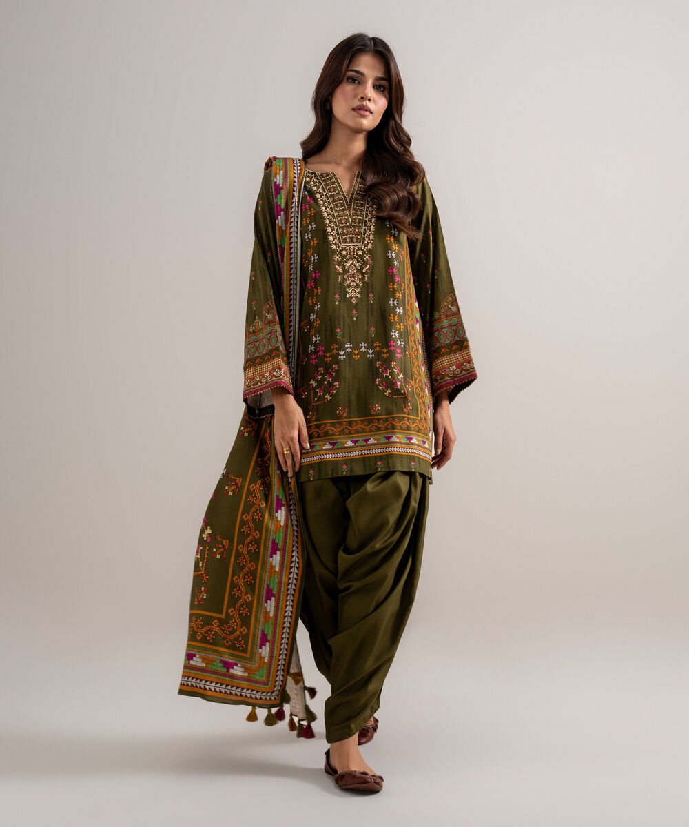 Women's Unstitched Printed Linen Brown 3 Piece Suit