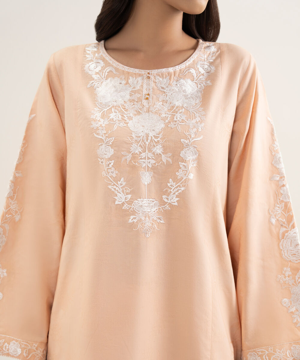 Women's RTW Self Jacquard Embroidered Pink A-Line Shirt