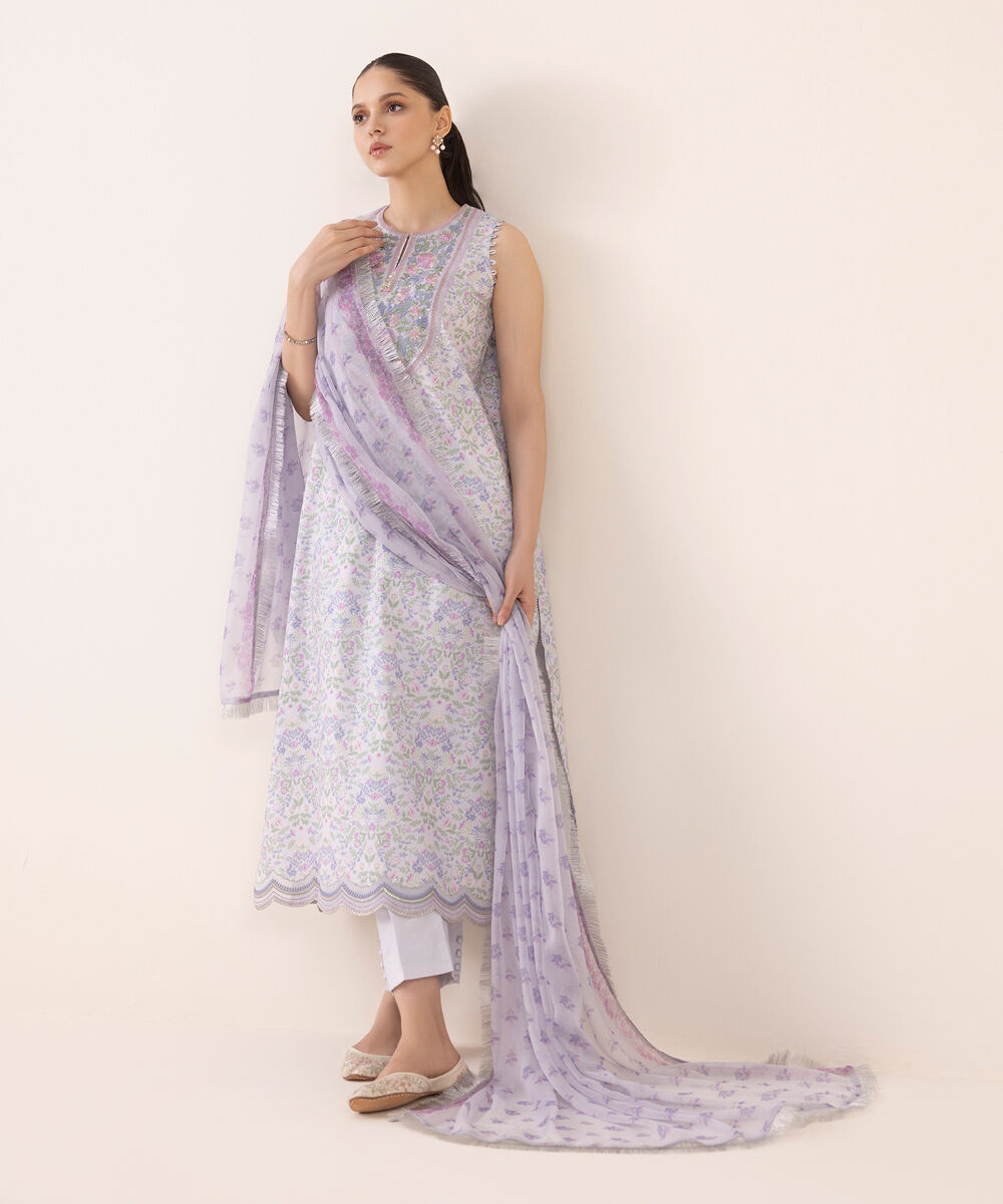 Women's Unstitched Cotton Embroidered Grey Three Piece Suit