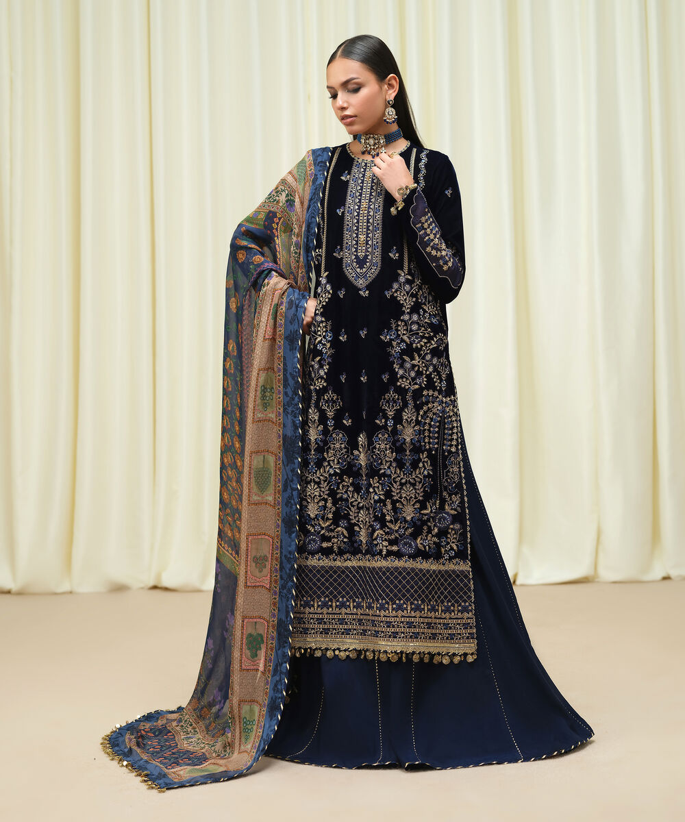 Women's Unstitched Velvet Embroidered Blue 3 Piece Suit