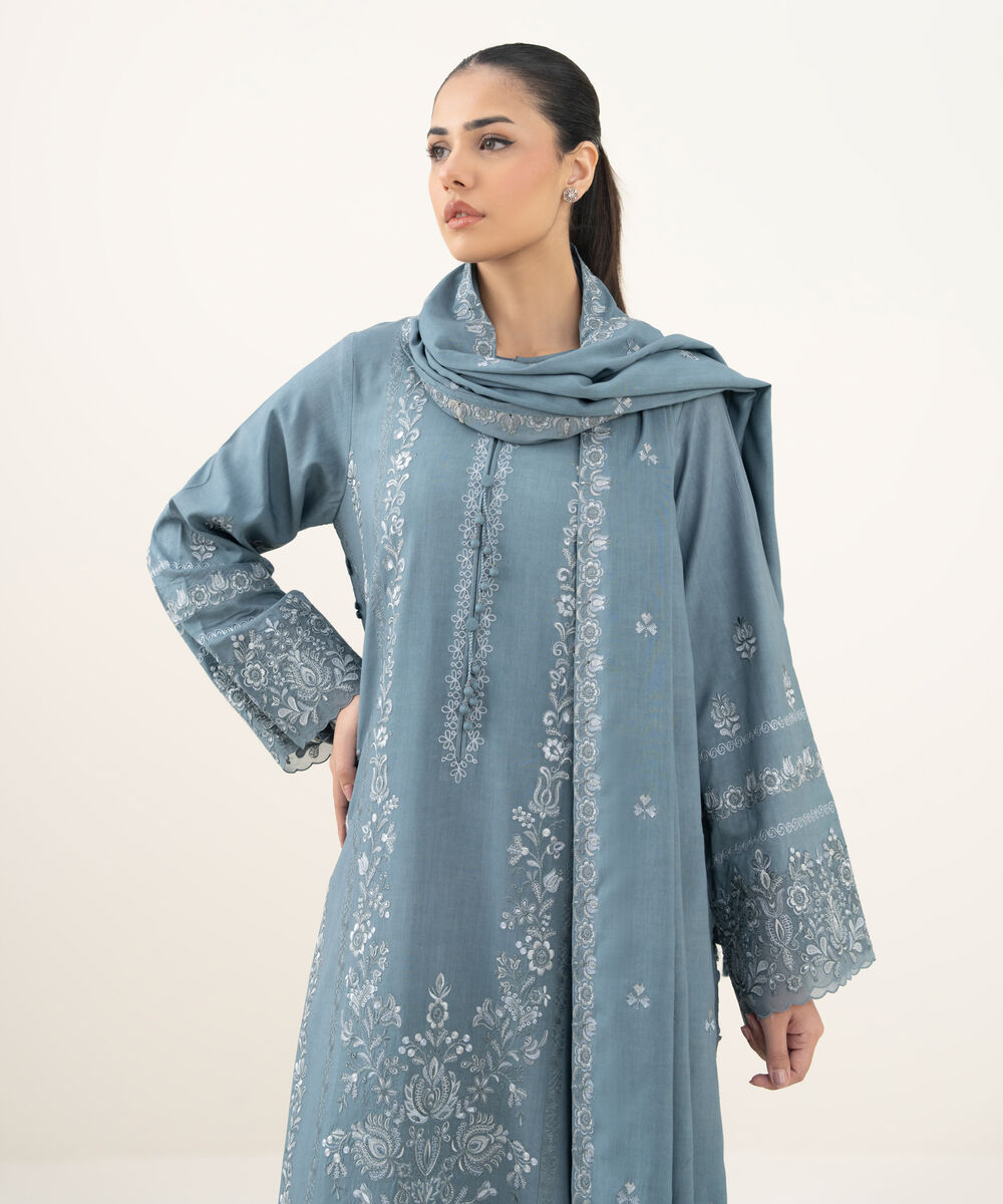 Women's Unstitched Embroidered Linen Aqua Blue 3 Piece Suit