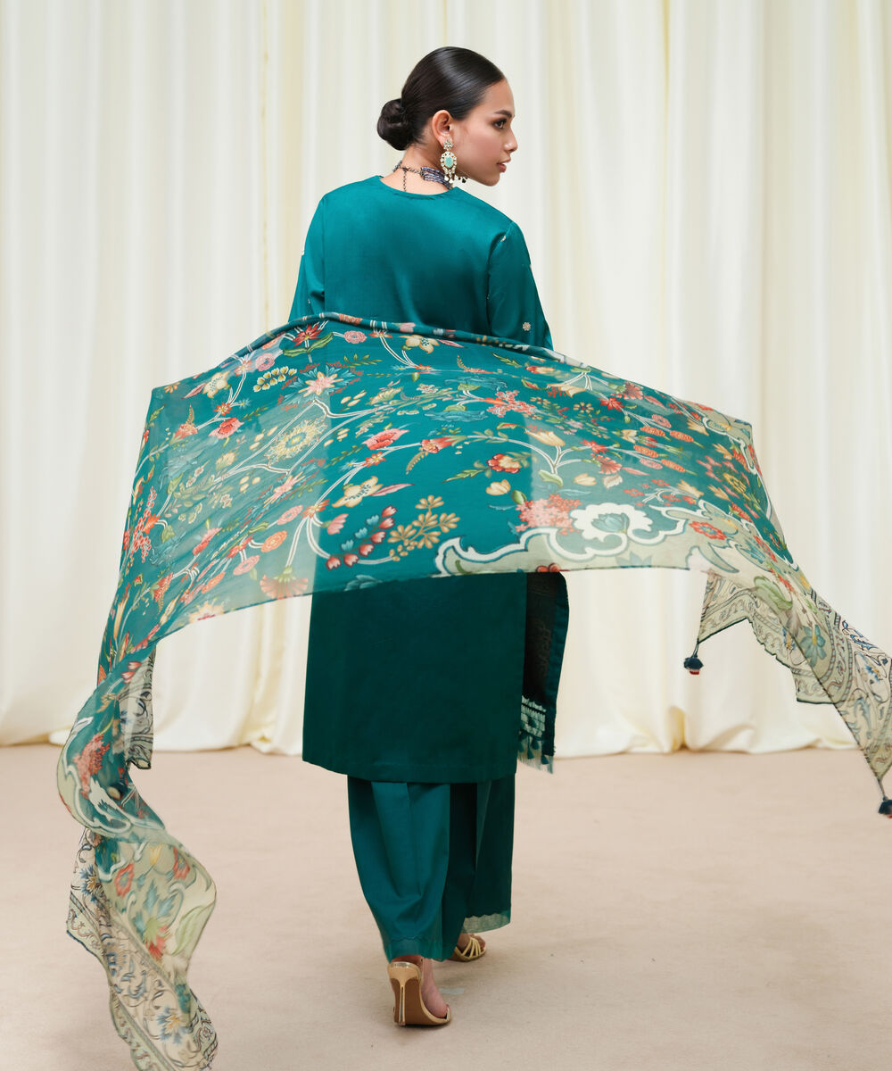 Women's Unstitched Fine Cotton Satin Embroidered Green 3 Piece Suit