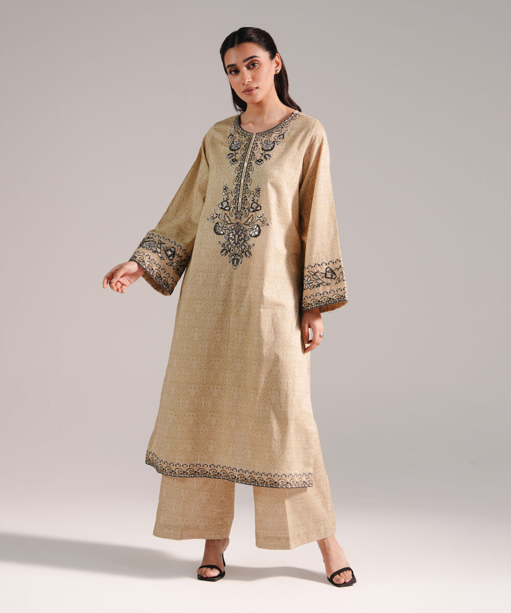 Women's RTW Lawn Embroidered Beige 2 Piece Suit
