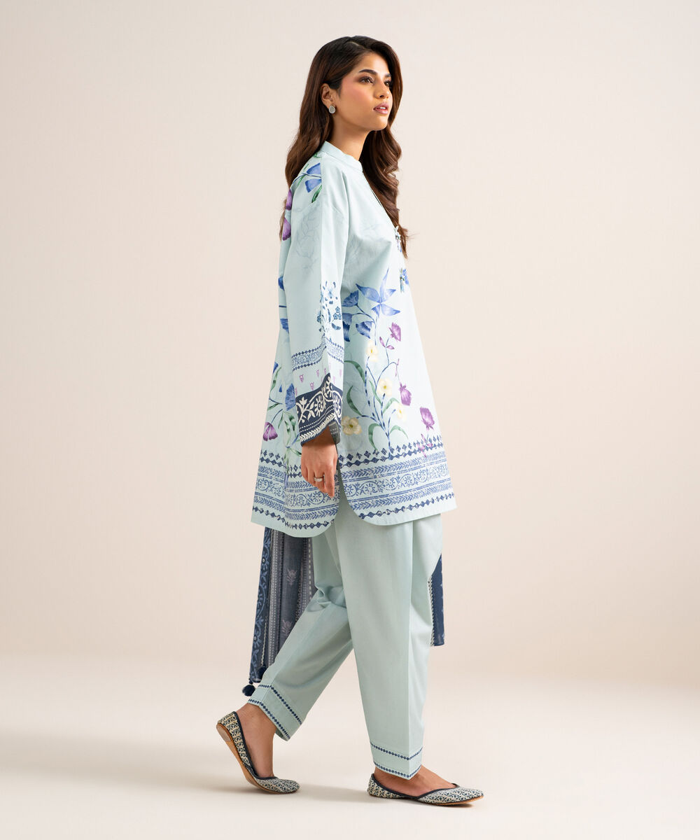 Women's Unstitched Cotton Printed Light Blue  3 Piece Suit