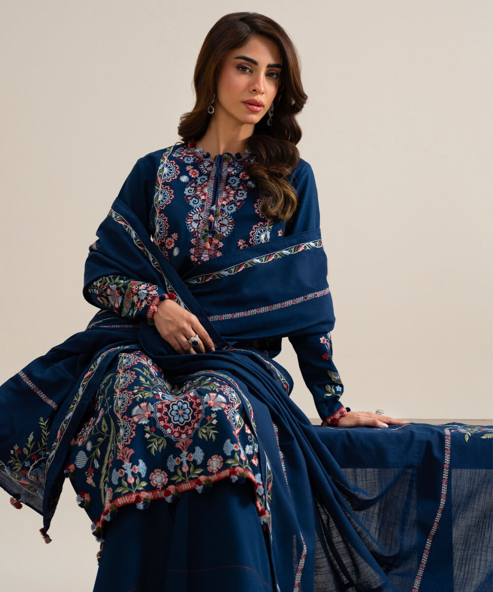 Womens Unstitched Basic Khaddar Embroidered Dark Blue 3 Piece Suit
