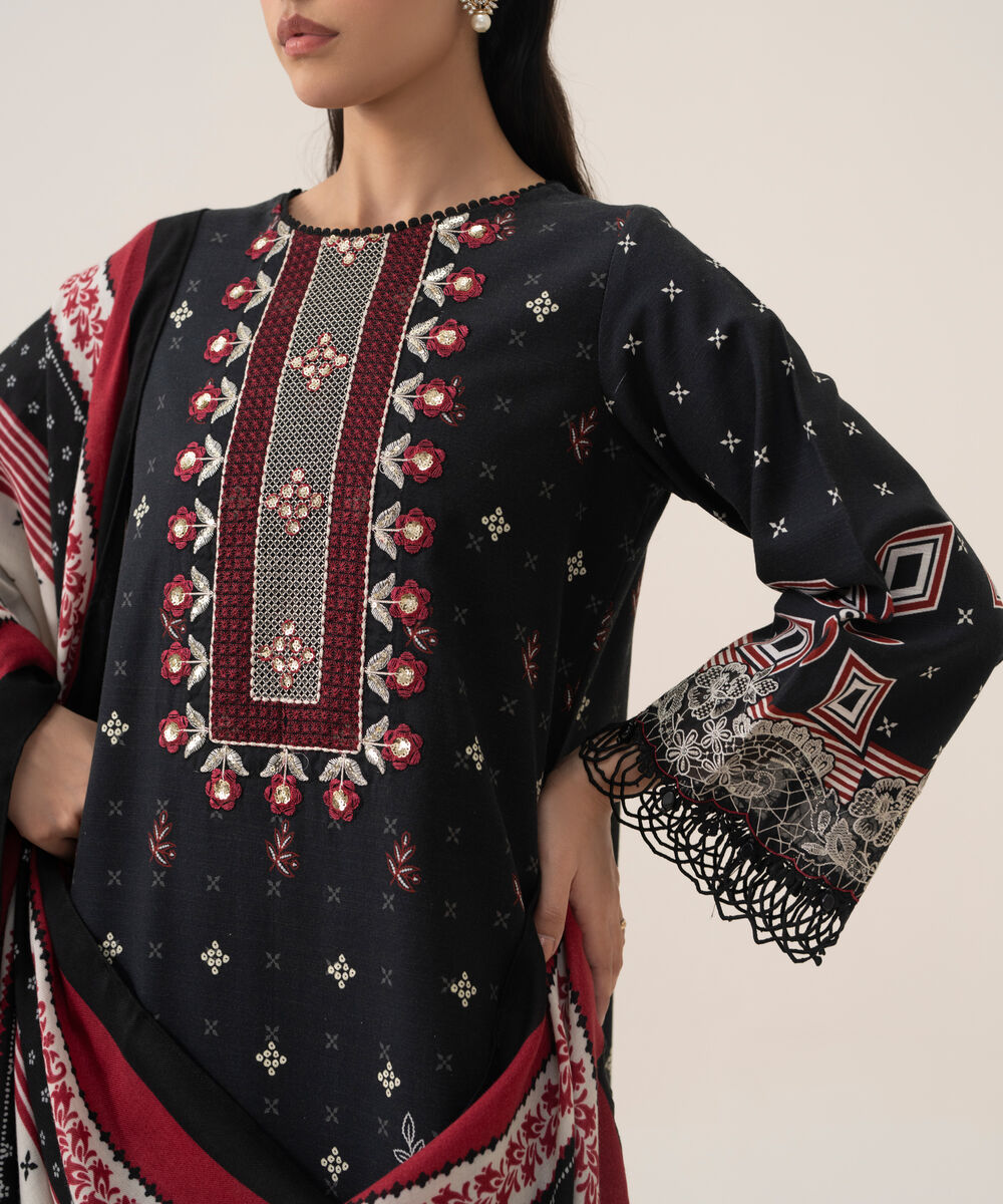 Women's Unstitched Premium Khaddar Printed Black 3 Piece Suit