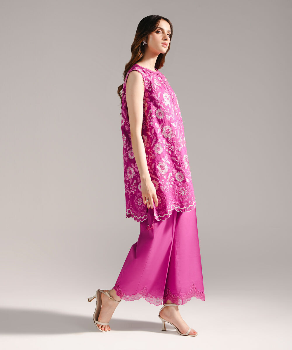 Women's RTW Textured Cotton Embroidered Dark Pink 2 Piece Suit