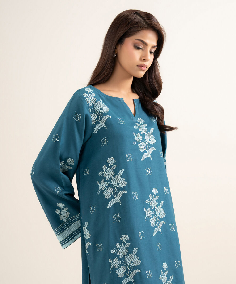 Women's RTW Cotton Viscose Embroidered Blue Straight Shirt