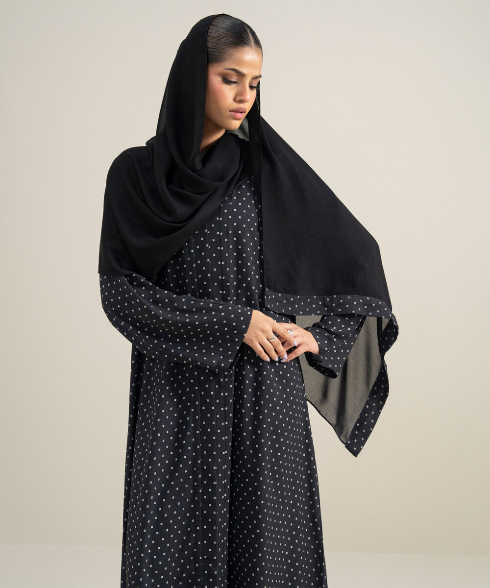 Women's Polyester Black Kimono Printed Abbaya Set