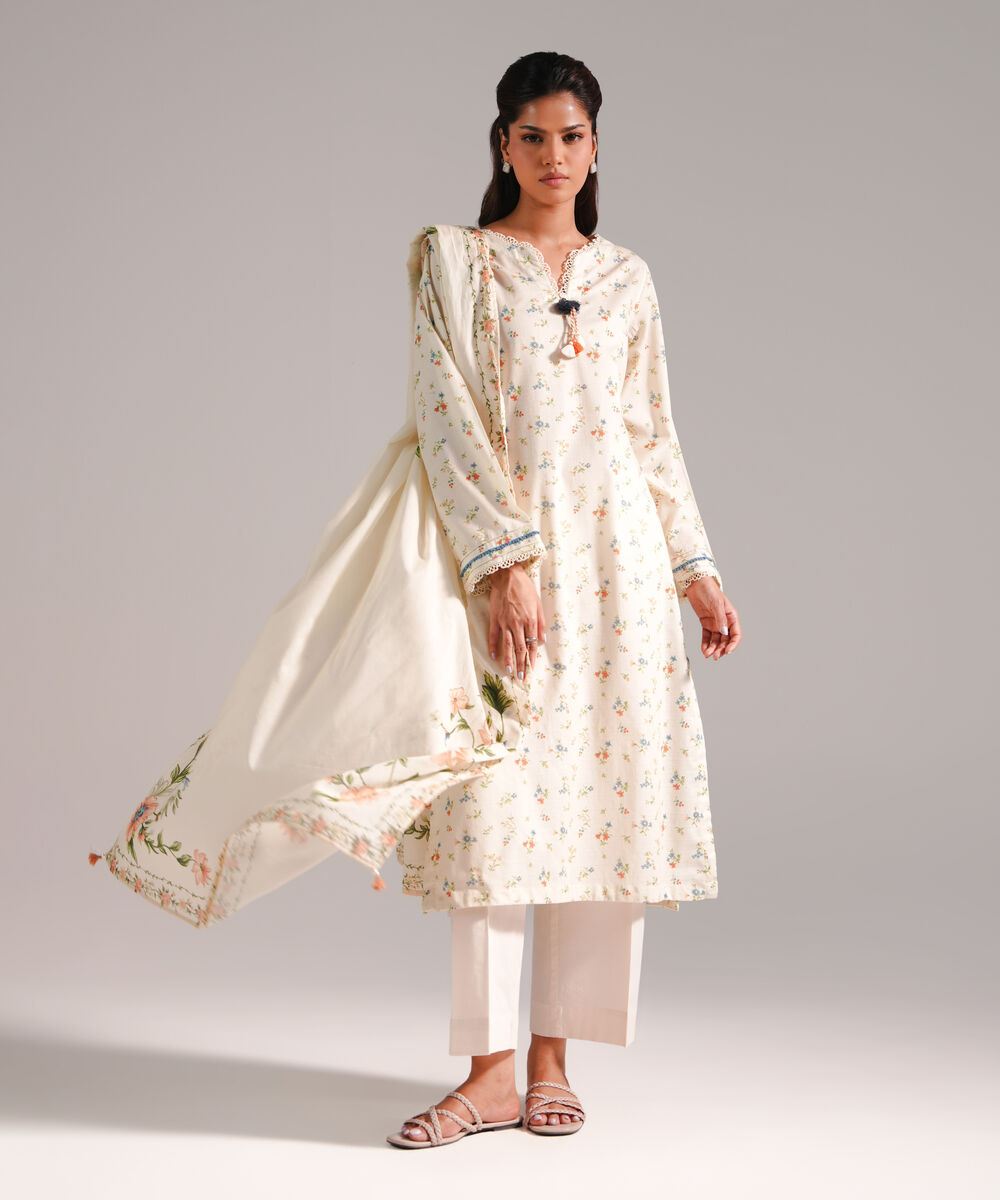 Women's RTW Dobby Printed Off White 2 Piece Suit