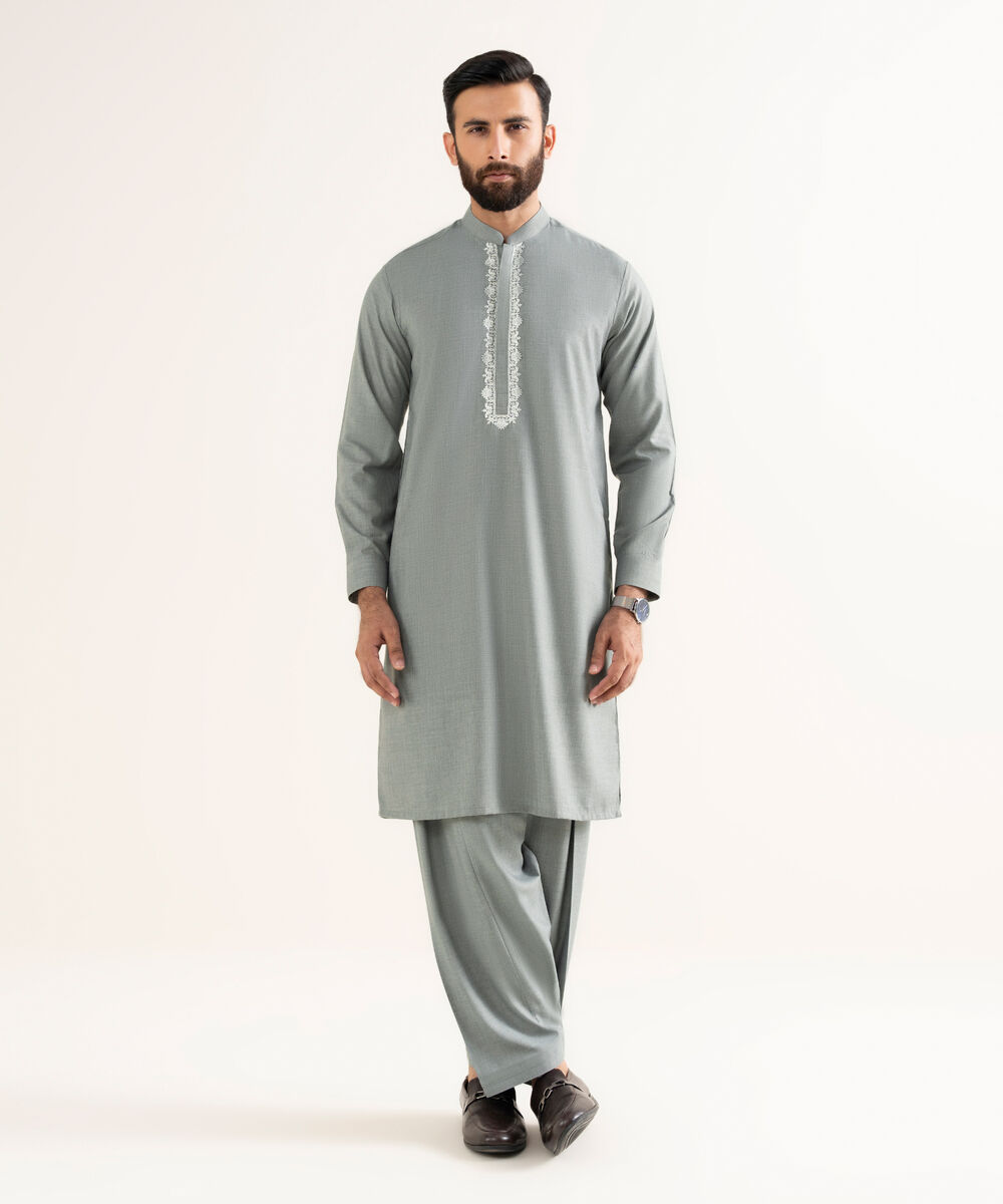 Men's Textured Wash & Wear Embroidered Grey Kurta Shalwar