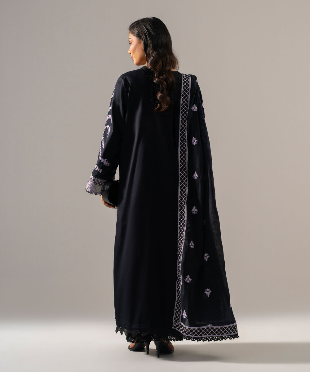 Women's RTW Cotton Satin Solid Embroidered Black 3 Piece Suit