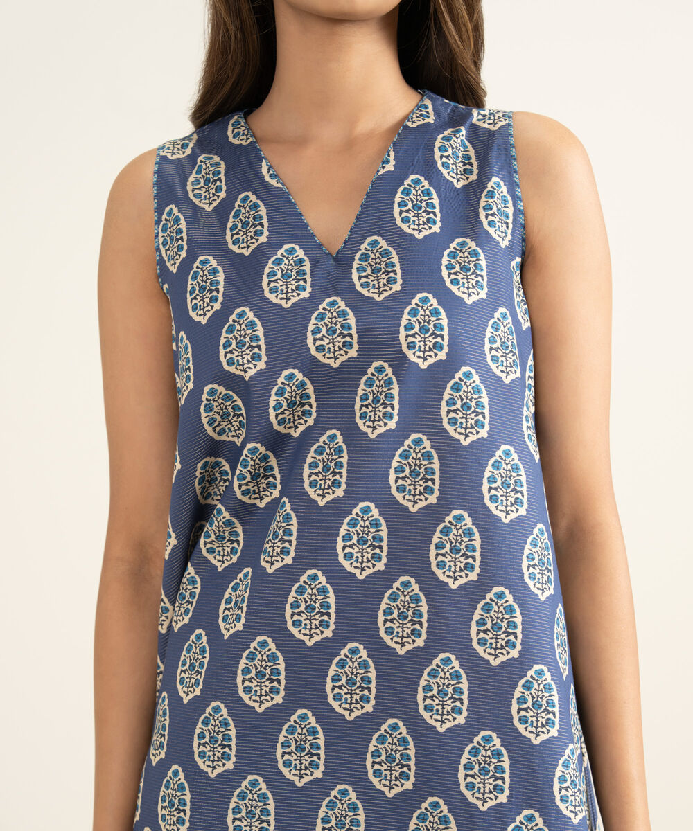 Women's Unstitched Zari Lawn Printed Blue 3 Piece Suit