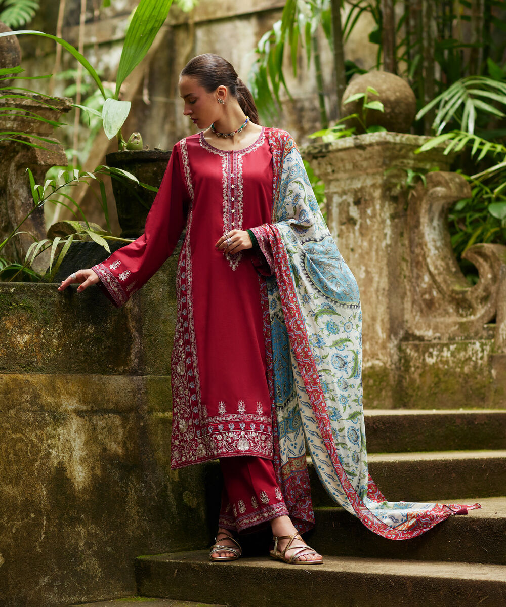 Women's RTW Dobby Embroidered Maroon 3 Piece Suit