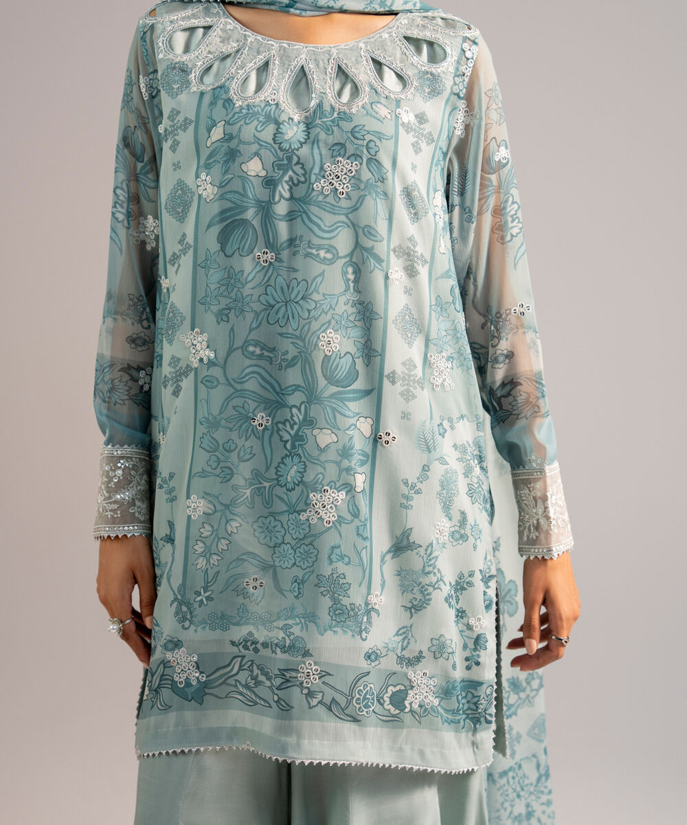 Women's RTW Chiffon Embroidered Blue 3 Piece Suit