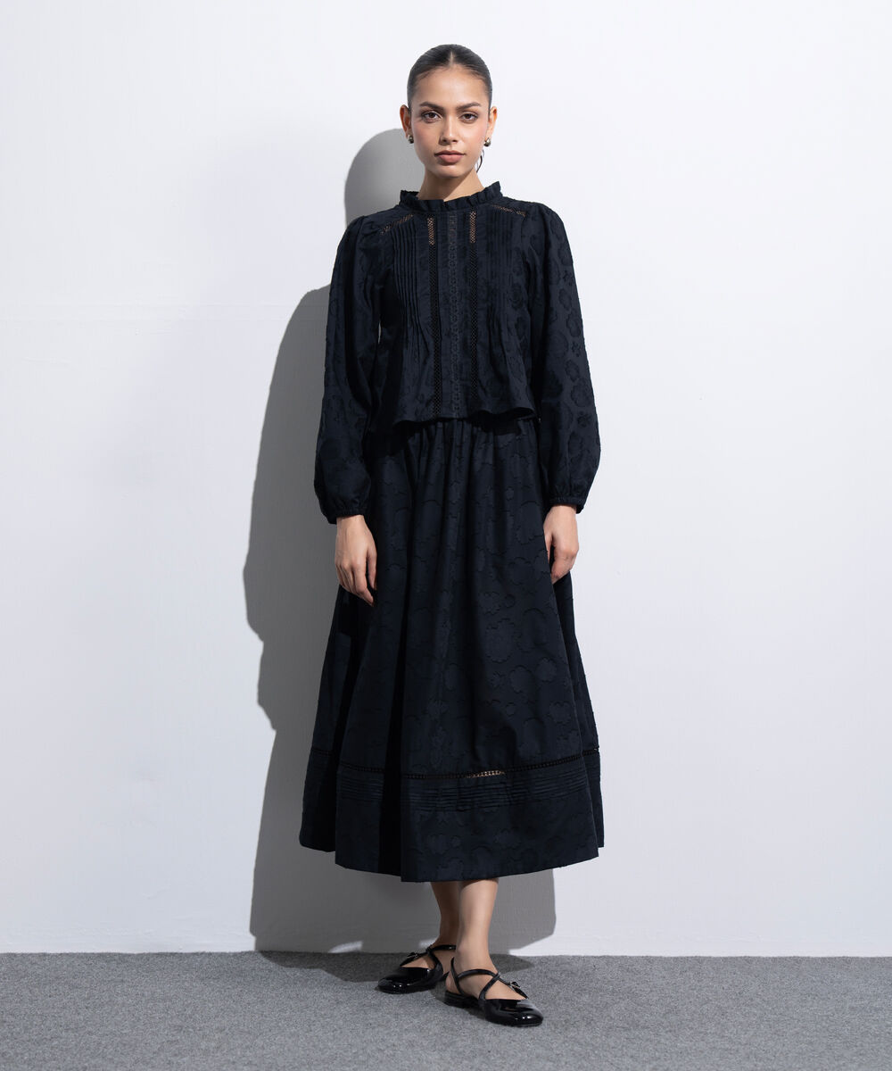 Women's Western Black Textured Blouse With Puffed Sleeves