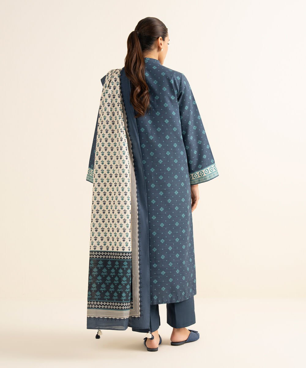 Women's Unstitched Cotton Printed Blue 2 Piece Suit